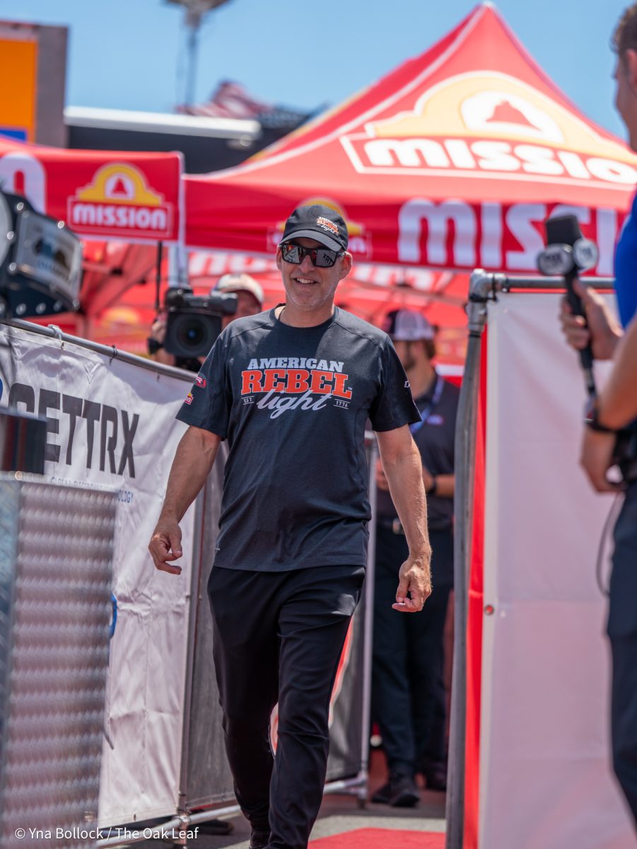 Pro Stock Motorcycle driver John Hall walks out as Angie Smith calls him out for the GETTRX All Start Pro Stock Motorcycle Callout at the DENSO NHRA Sonoma Nationals on Friday, July 25, 2025 in Sonoma.