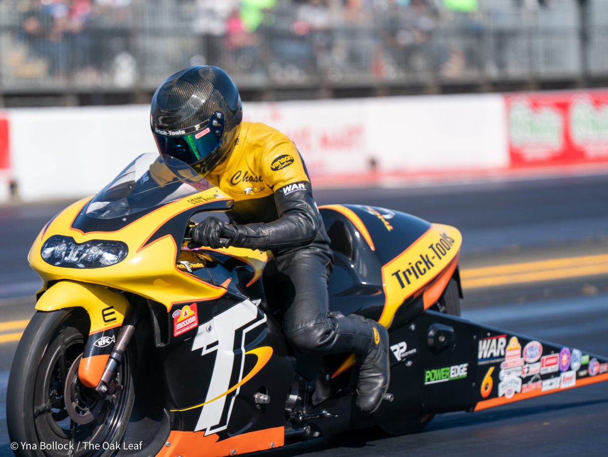 Pro Stock Motorcycle driver Chase Van Sant goes down the drag strip and has challenges completing Q1 on day 1 of the DENSO NHRA Sonoma Nationals on Friday, July 25, 2025 in Sonoma.