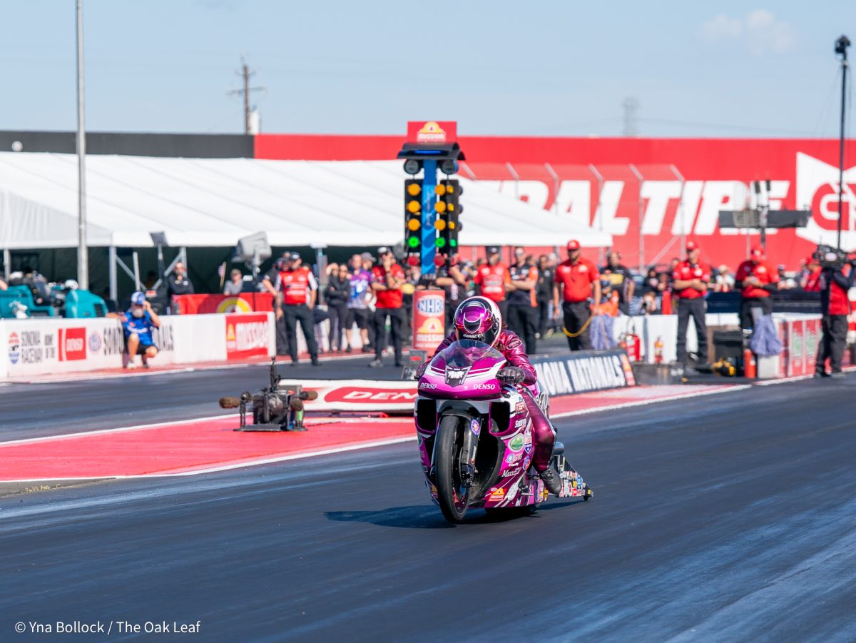 Pro Stock Motorcycle driver Angie Smith runs Q1 at 6.78 ET at 198.09 mph at the DENSO NHRA Sonoma Nationals on Friday, July 25, 2025 in Sonoma.