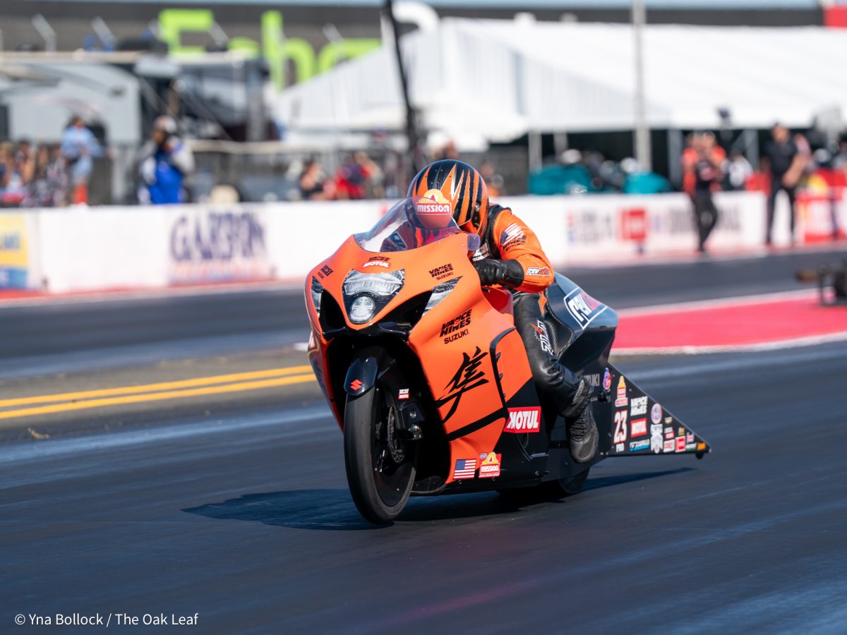 Pro Stock Motorcycle driver Gaige Herrera goes against Richard Gadson and runs Q1 at 6.761 ET at 198.82 mph on day one of the DENSO NHRA Sonoma Nationals on Friday, July 25, 2025 in Sonoma. 