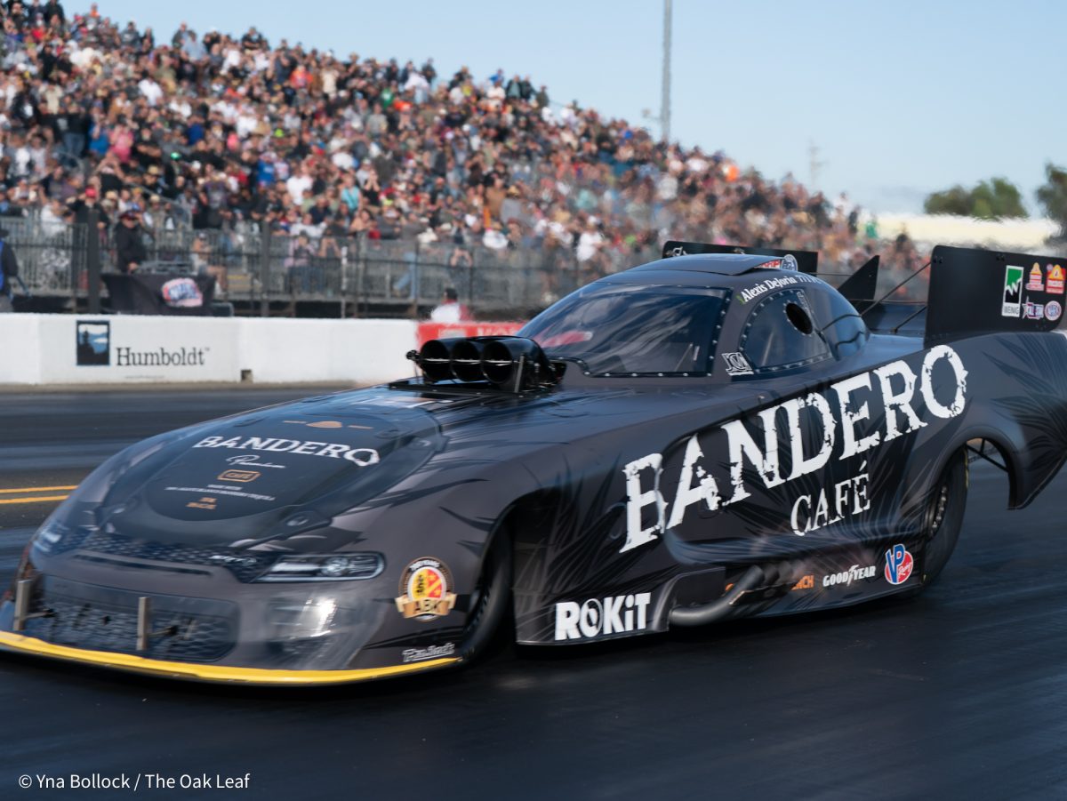Funny Car driver Alexis DeJoria runs down the drag strip for Q2 and runs an 8.589 ET at 74.07 mph on day one of the DENSO NHRA Sonoma Nationals on Friday, July 25, 2025 in Sonoma.
