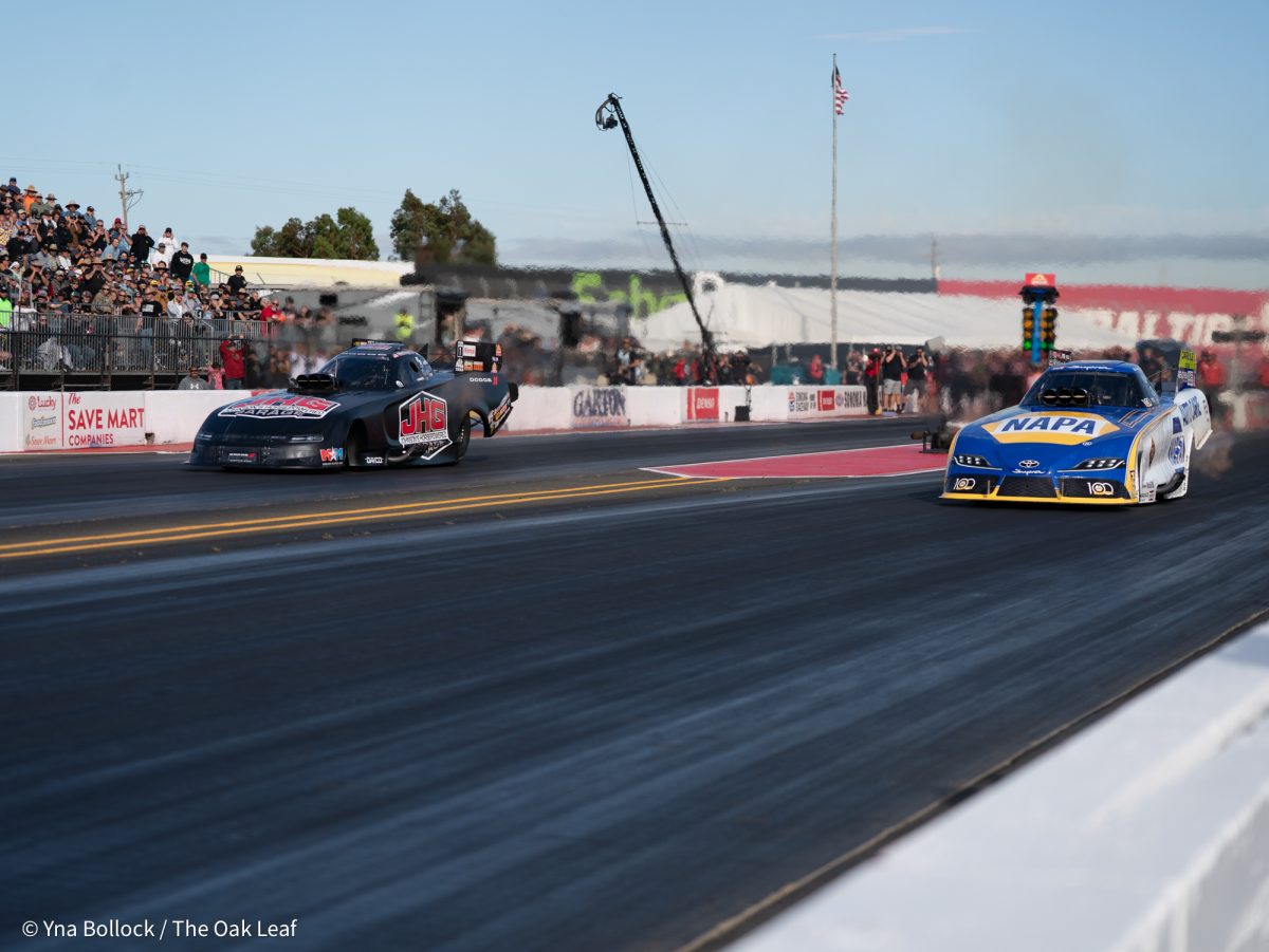 From left to right, Funny Car drivers Ron Capps and Matt Hagan race each other in Q1 and Q2 on day one of the DENSO NHRA Sonoma Nationals on Friday, July 25, 2025 in Sonoma.