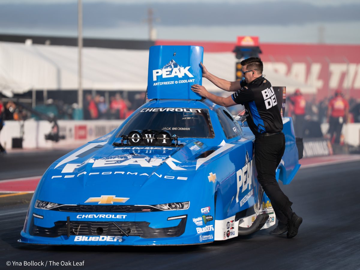 Funny car driver Jack Beckman gets ready to race Austin Prock in Q1 on day one of the DENSO NHRA Sonoma Nationals on Friday, July 25, 2025 in Sonoma. Beckman races an 8.197 ET at 83.53 mph.