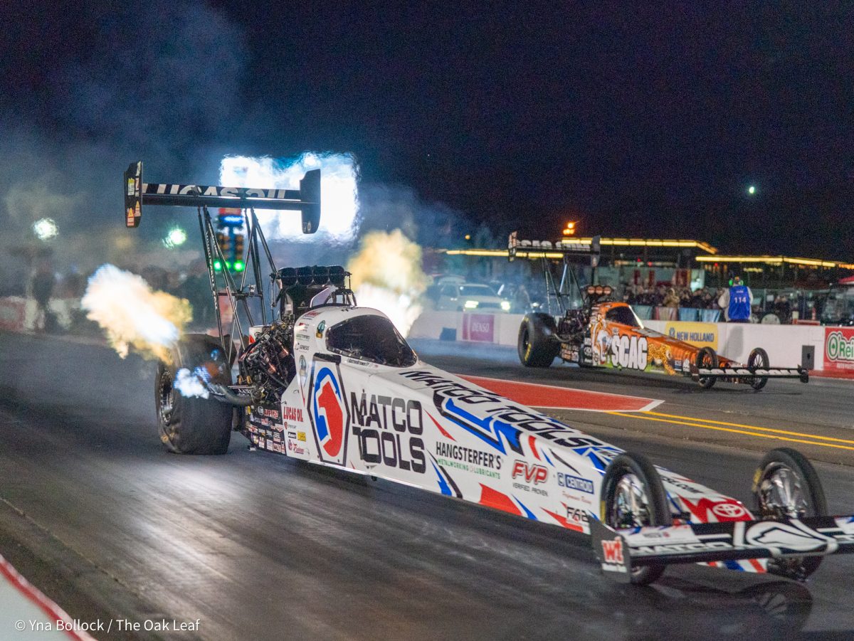 From left to right, Top Fuel drivers Antron Brown and Justin Ashley faceoff in Q2 on day one of the DENSO NHRA Sonoma Nationals on Friday, July 25, 2025 in Sonoma.