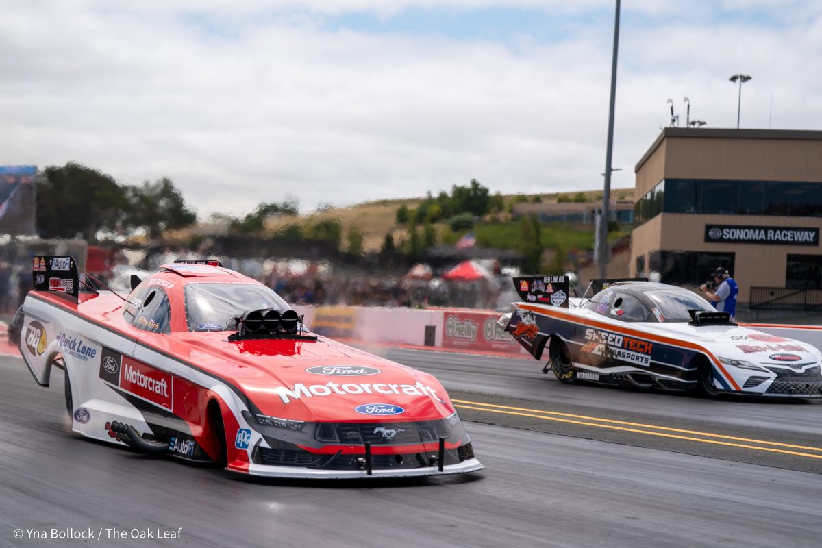 From left to right, Funny Car drivers Bob Tasca III and Jeff Diehl race in Q3 on day two of the DENSO NHRA Sonoma Nationals on Saturday, July 26, 2025 in Sonoma.
