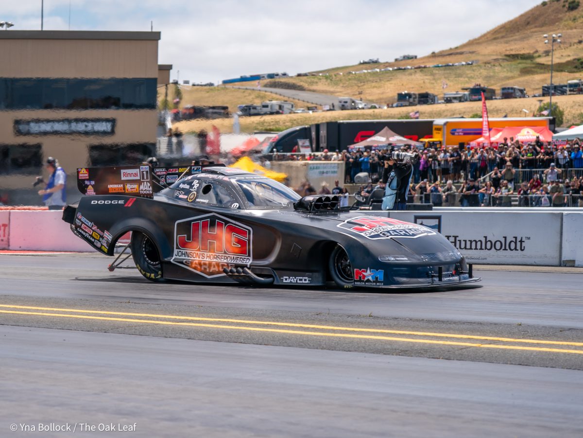 Funny Car driver Matt Hagan races against Alexis DeJoria in Q3 on day two of the DENSO NHRA Sonoma Nationals on Saturday, July 26, 2025 in Sonoma. Hagan ran a 3.913 ET at 330.72 mph.