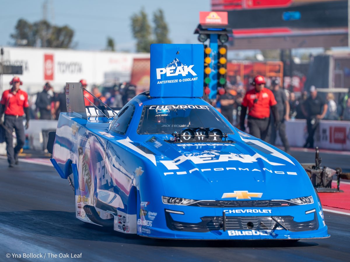 Funny Car driver Jack Beckman backs up to the starting line ahead of the Q4 races races in Q4 on day two of the DENSO NHRA Sonoma Nationals on Saturday, July 26, 2025 in Sonoma. 