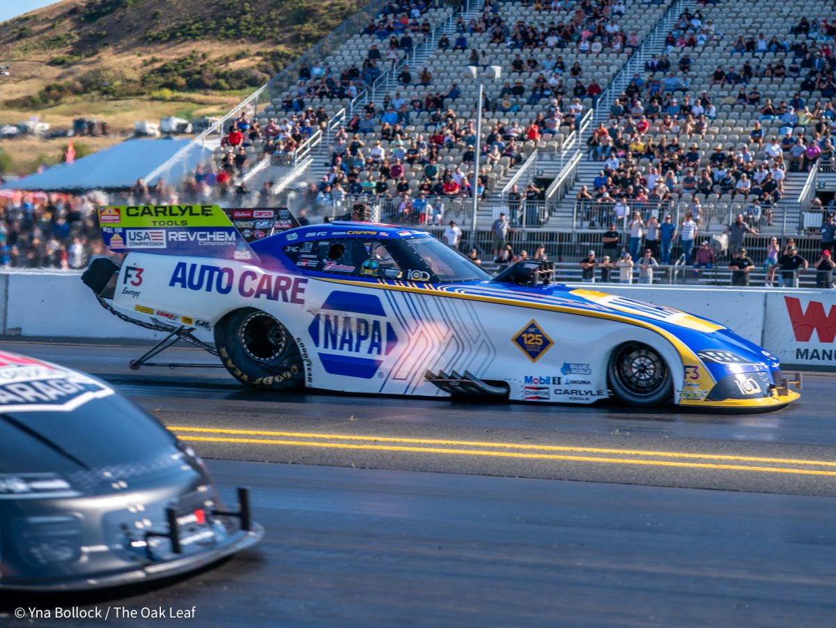 Funny Car driver Ron Capps races against JHG's Matt Hagan and wins the Mission Foods #2Fast2Tasty challenge on day two of the DENSO NHRA Sonoma Nationals on Saturday, July 26, 2025 in Sonoma.