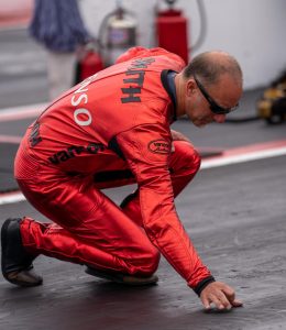 Pro Stock Motorcycle driver Matt Smith inspects the track conditions before his first GETTRK All Star Pro Stock Motorcycle Callout challenge at the DENSO NHRA Sonoma Nationals on Saturday, July 26, 2025 in Sonoma. 