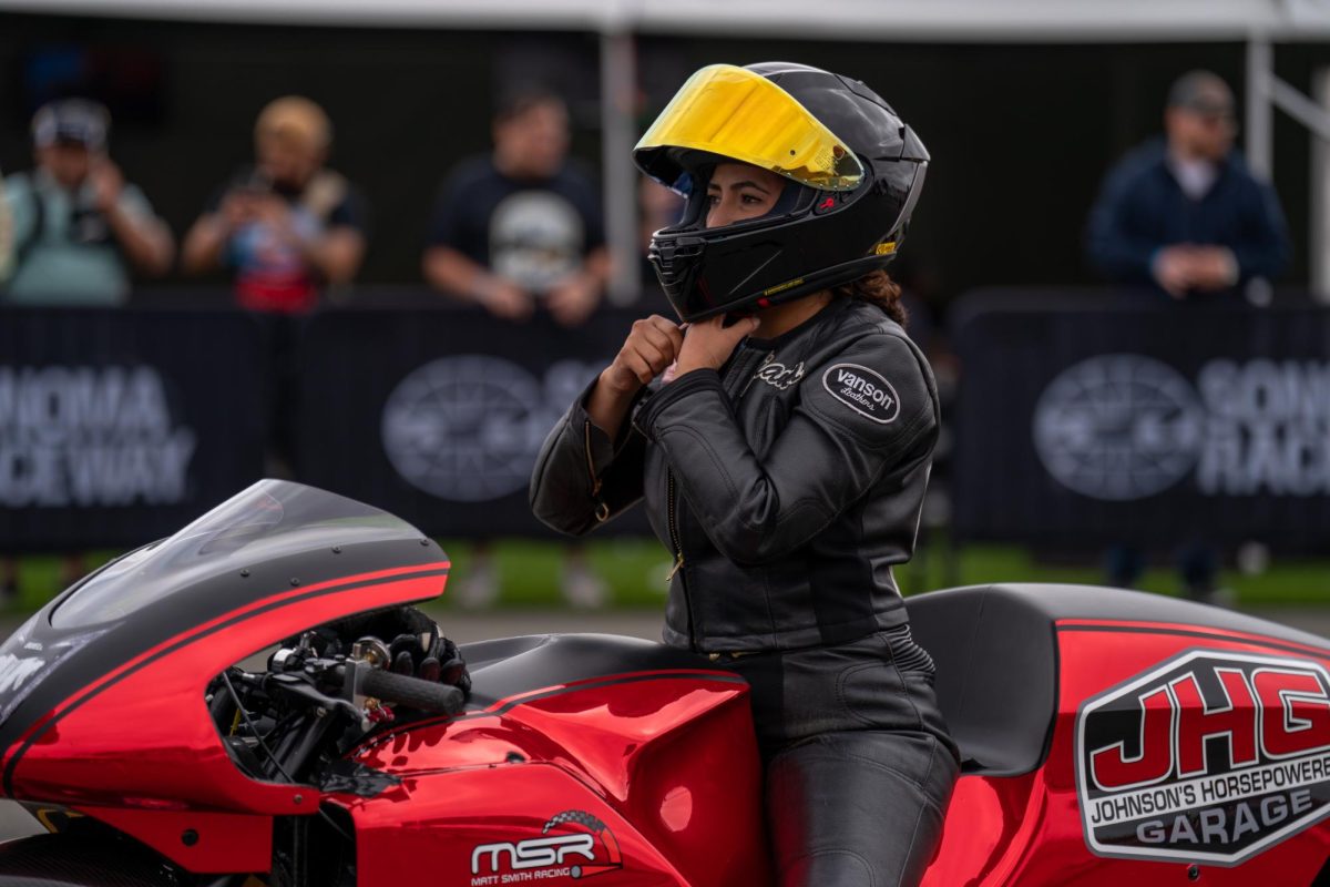 Pro Stock Motorcycle driver Jianna Evaristo has her game face on before her first GETTRK All Star Pro Stock Motorcycle Callout challenge run at the DENSO NHRA Sonoma Nationals on Saturday, July 26, 2025 in Sonoma. 