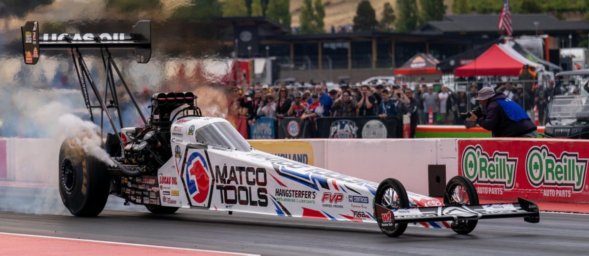 Top Fuel driver Antron Brown experiences tire shake and flips his engine off moments after take off during the third round of qualifying at the DENSO NHRA Sonoma Nationals on Saturday, July 26, 2025 in Sonoma. 
