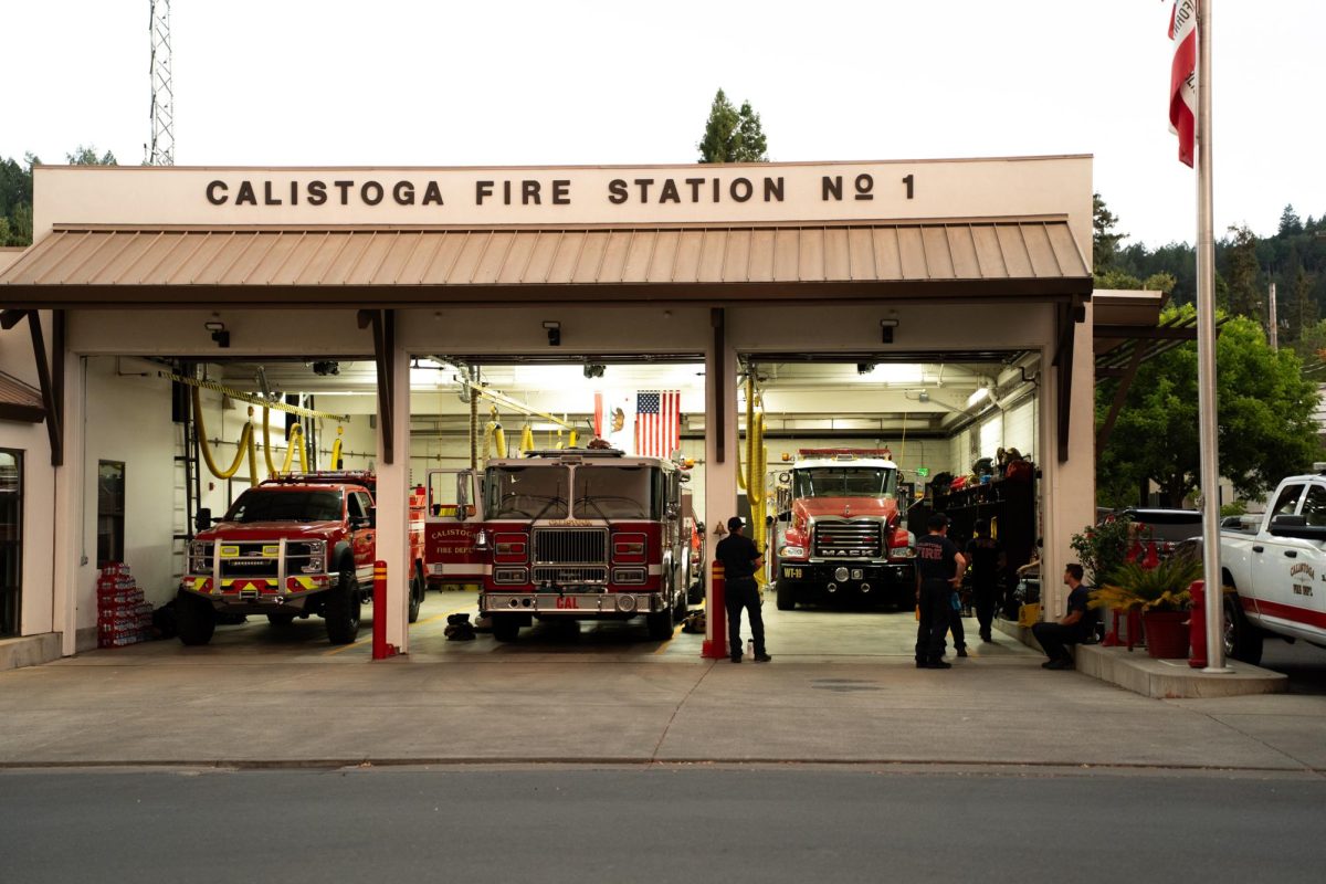 Firefighters sit idly by at the Calistoga City Fire Department in Calistoga at 6:55 p.m. on Thursday, Aug. 21, 2025.