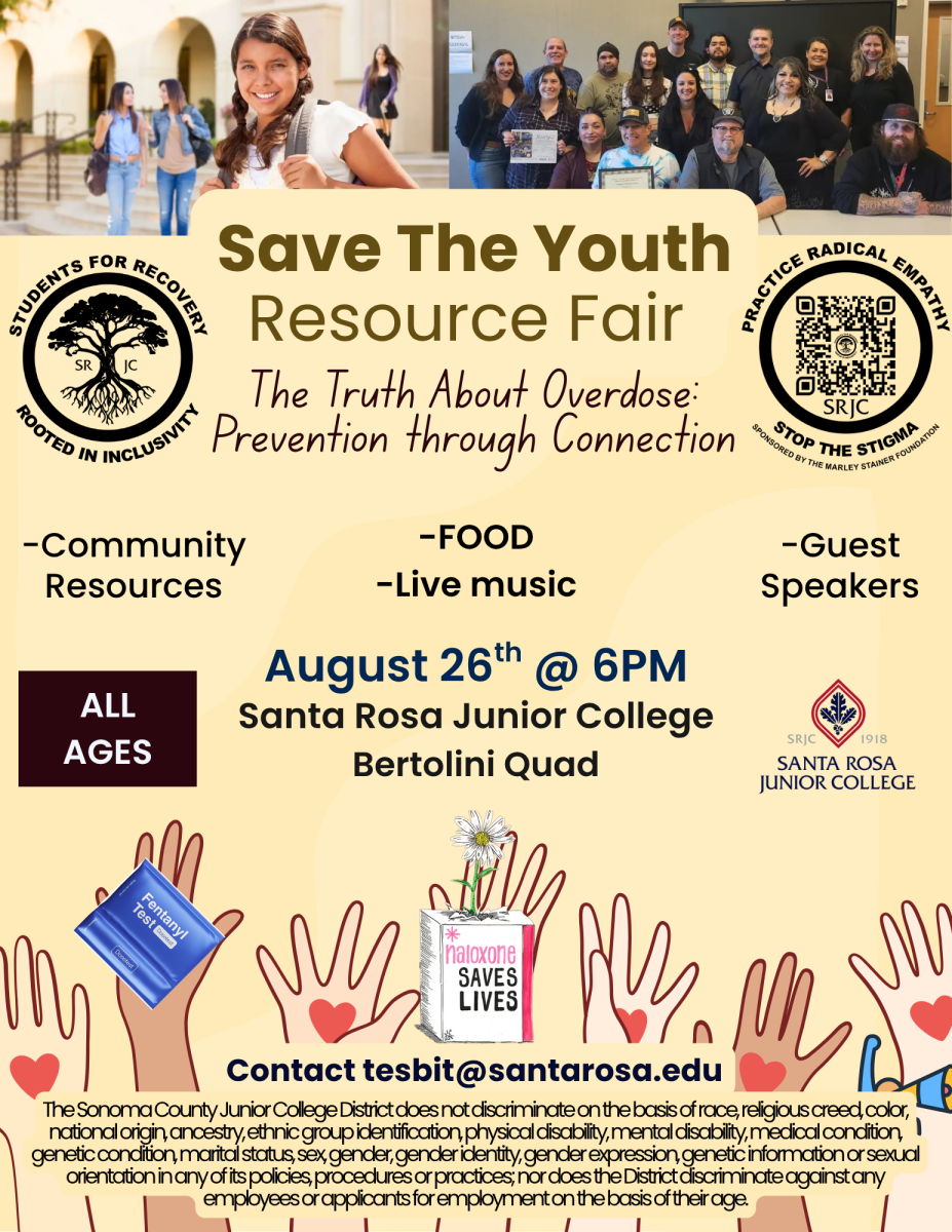 In the wake of multiple student deaths due to fentanyl overdoses in Sonoma County, Santa Rosa Junior College Student Health Services and Students For Recovery Club will host “Save The Youth” to honor the memories of those who died and spread harm awareness at 6 p.m. Aug. 26 at the Bertolini Quad.