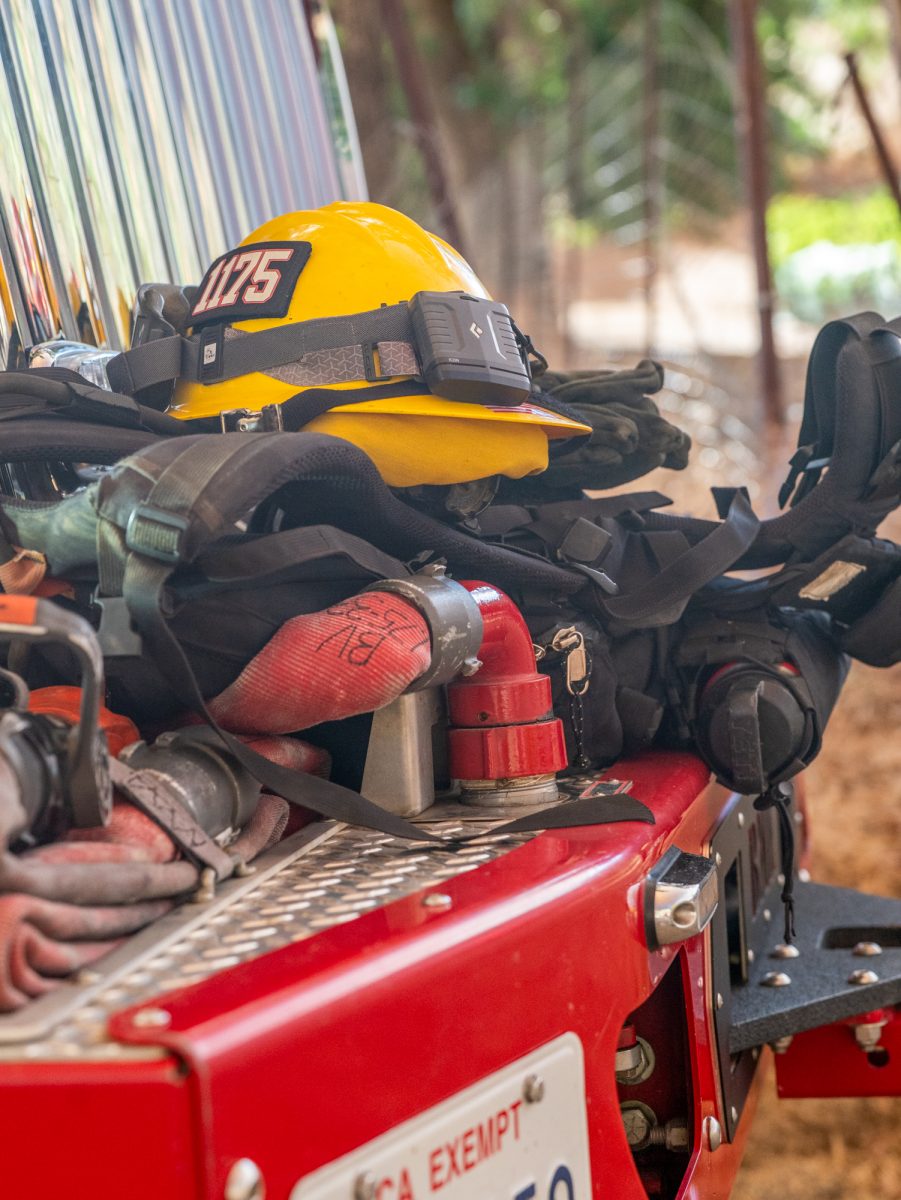 Cal Fire wildland firefighting equipment rests on the front of the fire engine at Cal Fire's base camp on Pickett Road near Calistoga on Thursday, Aug. 21, 2025.
