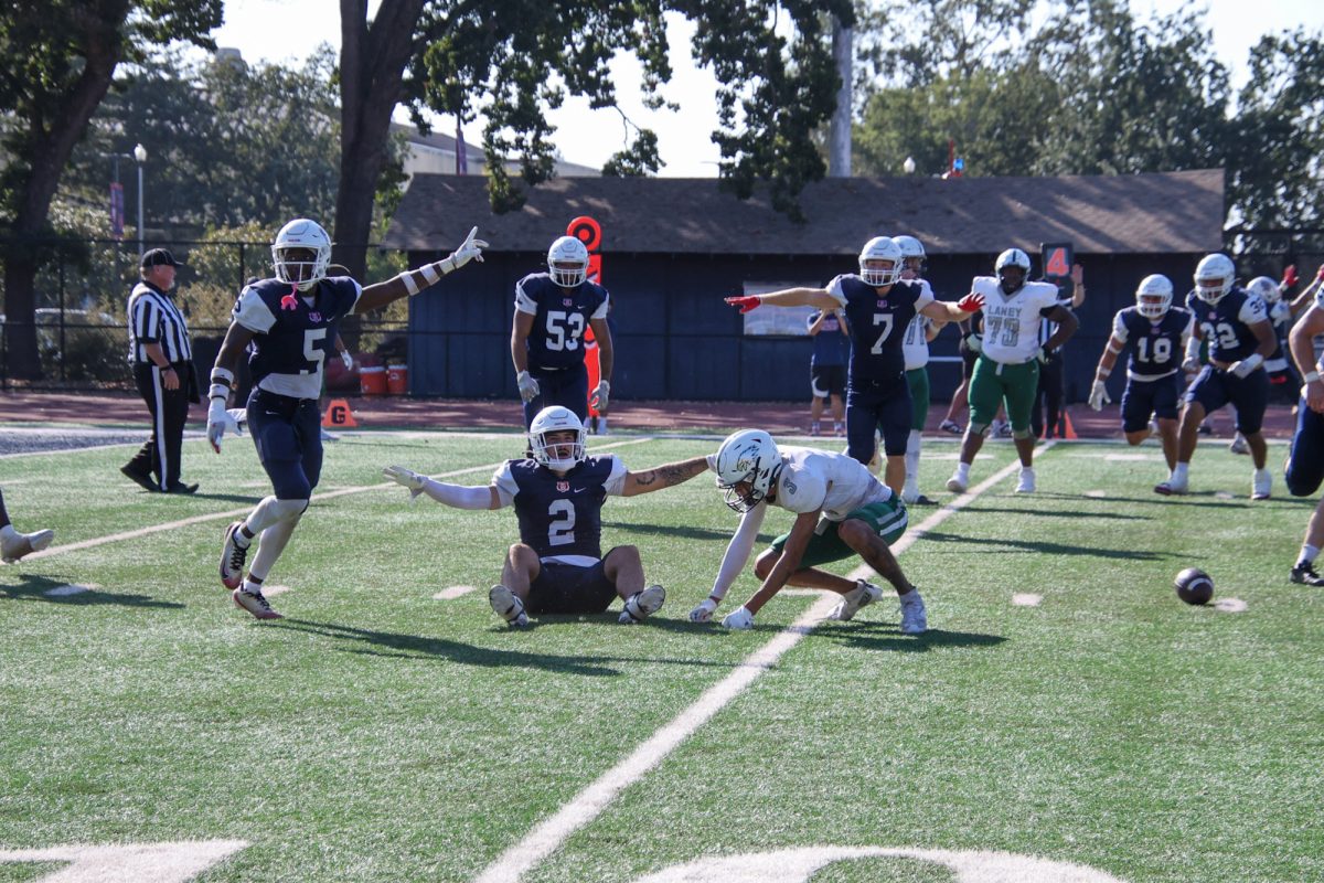 The SRJC football team waves Laney's incomplete pass off in the final moments of the game to take the win on Saturday, Sept. 27 at home.