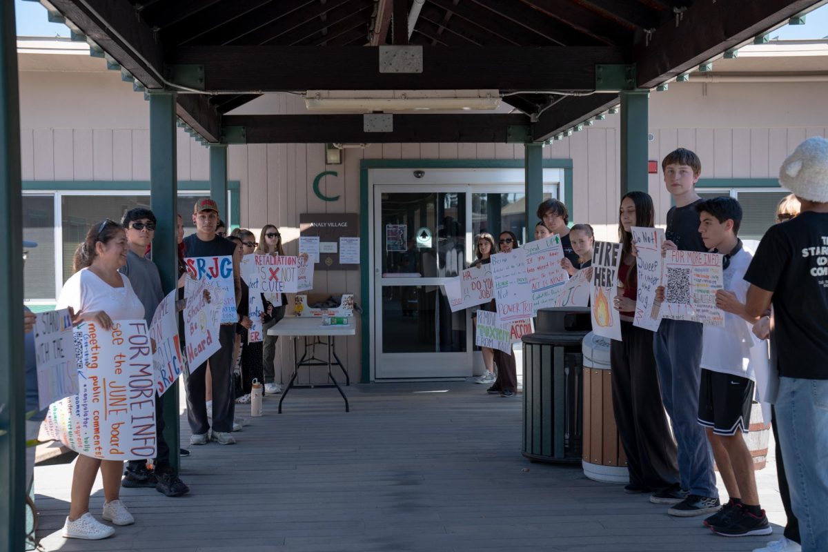 Protestors line up outside of the dance studio in Analy Village at Santa Rosa Junior College on Wednesday, Sept. 3, 2025.
