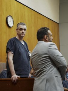 Jordan Mead, left, pleads not guilty to felony false imprisonment and misdemeanor bodily injury on a spouse, with his attorney, Ibrahim Agil, right, at his arraignment at the Superior Court of Sonoma on Sept. 9, 2025.