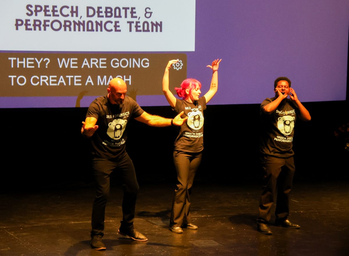 The SRJC Forensics team performs as a part of the programming for the President's Address in Burbank Auditorium at Santa Rosa Junior College on Sept. 18, 2025.