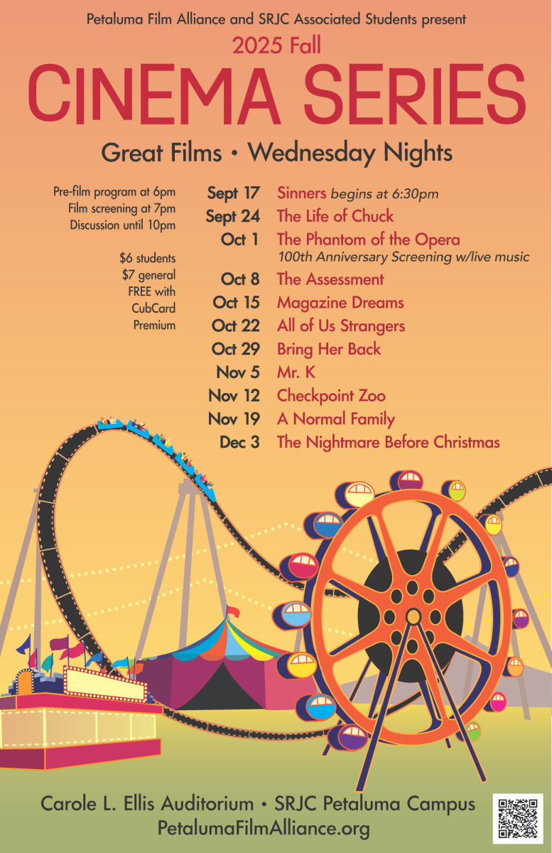 The Petaluma Cinema series will screen a variety of films, starting with American horror “Sinners” and fantasy drama “The Life of Chuck.” The lineup, curated by SRJC instructor Mike Traina, will show every Wednesday evening between Sept. 17 to Dec. 3 on the Petaluma campus. 
