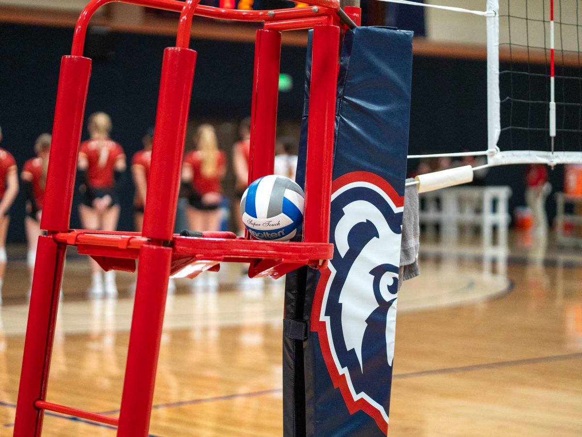 The game ball sits on the referee stand before the start of the SRJC women's volleyball game in Haehl Pavilion on Nov. 1, 2024.