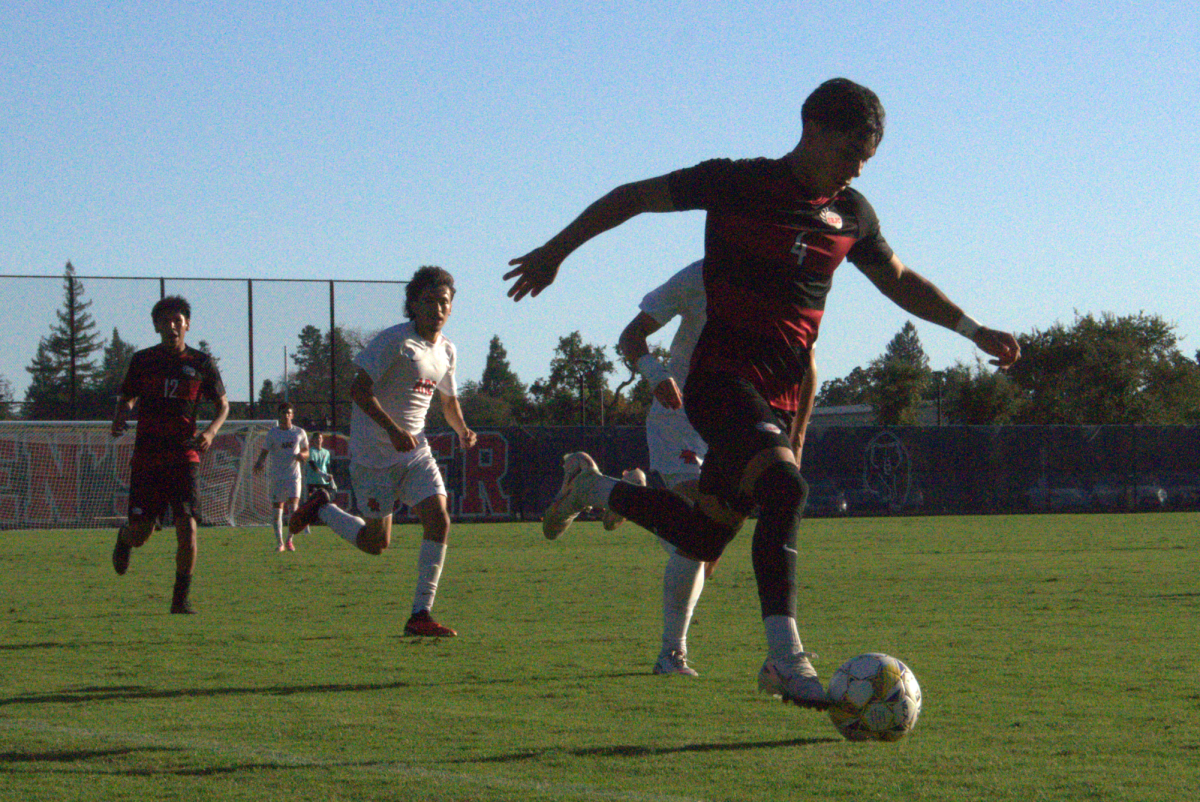 SRJC defender Gabriel Gonzalez Perez circles wide from midfield with teammate Angel Arriaga after intercepting a strong arm push from ARC at home Friday, Oct. 3, 2025.