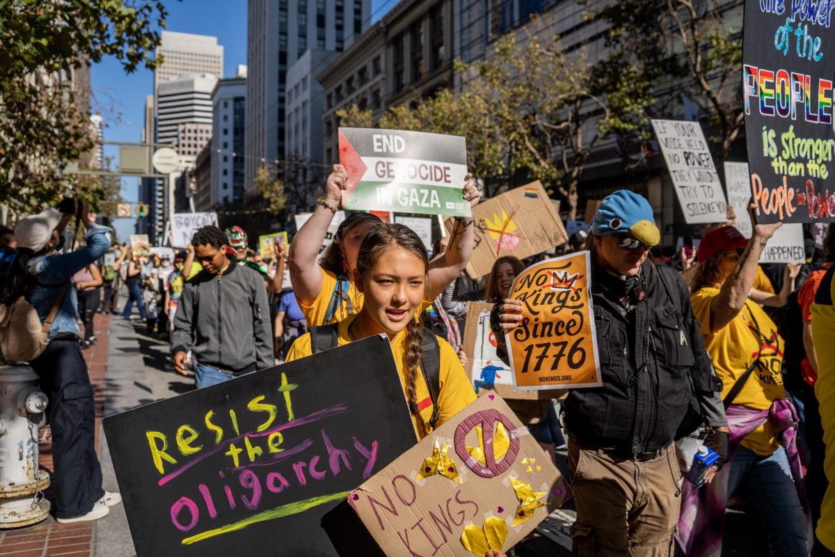 About fifty thousand Americans gathered in San Francisco to show their opposition to various Trump administration policies at No Kings protests Saturday, Oct. 18, 2025 in San Francisco, Calif.
