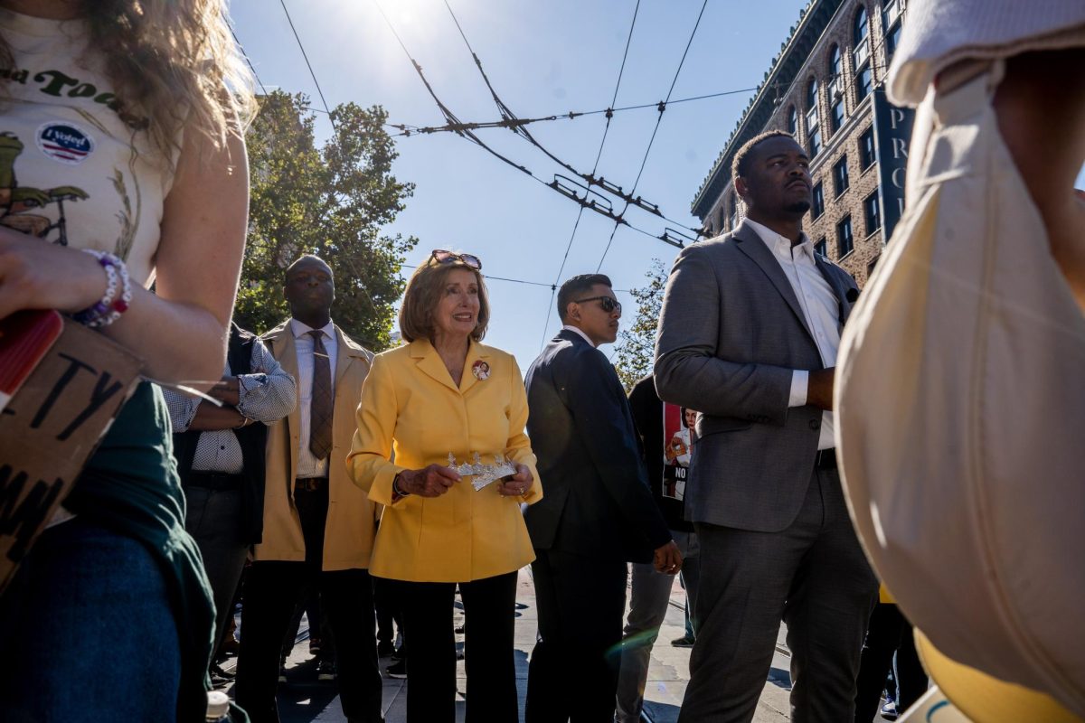House of Representatives Speaker Emerita Nancy Pelosi (CA-11) holds a broken crown to show solidarity with protestors at a No Kings protest Saturday, Oct. 18, 2025 on Market Street in San Francisco, Calif. 