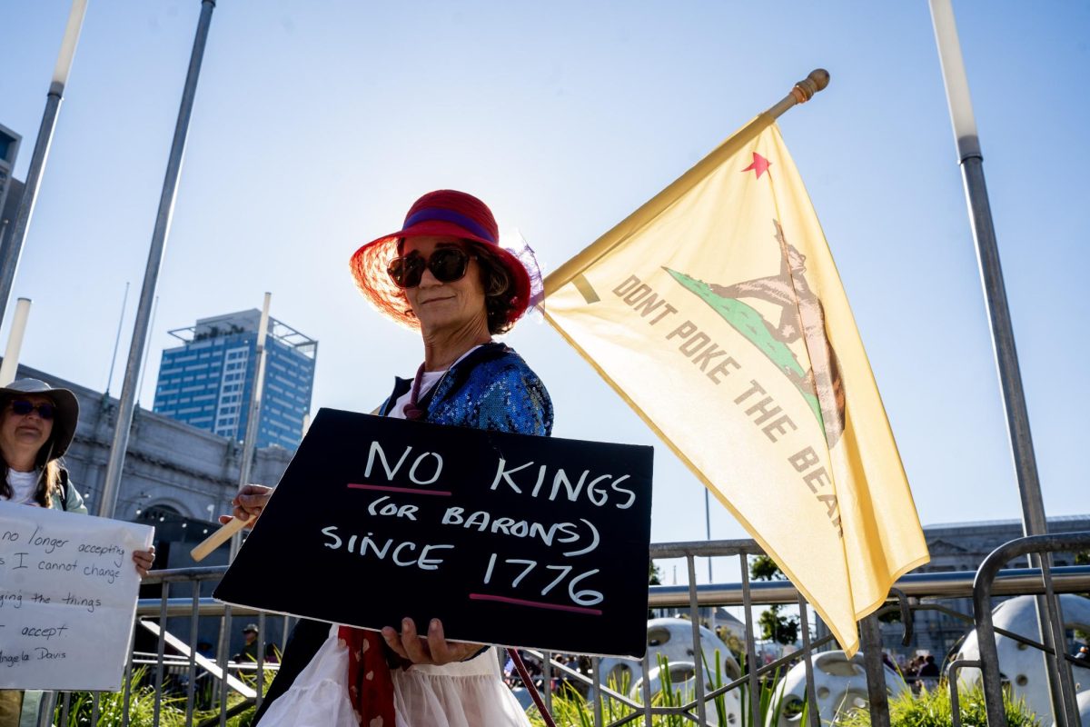 The majority of Americans who attended the No Kings protest shared messages saying that Donald Trump is overstepping his powers as president Saturday, Oct. 18 2025 in San Francisco, Calif. 
