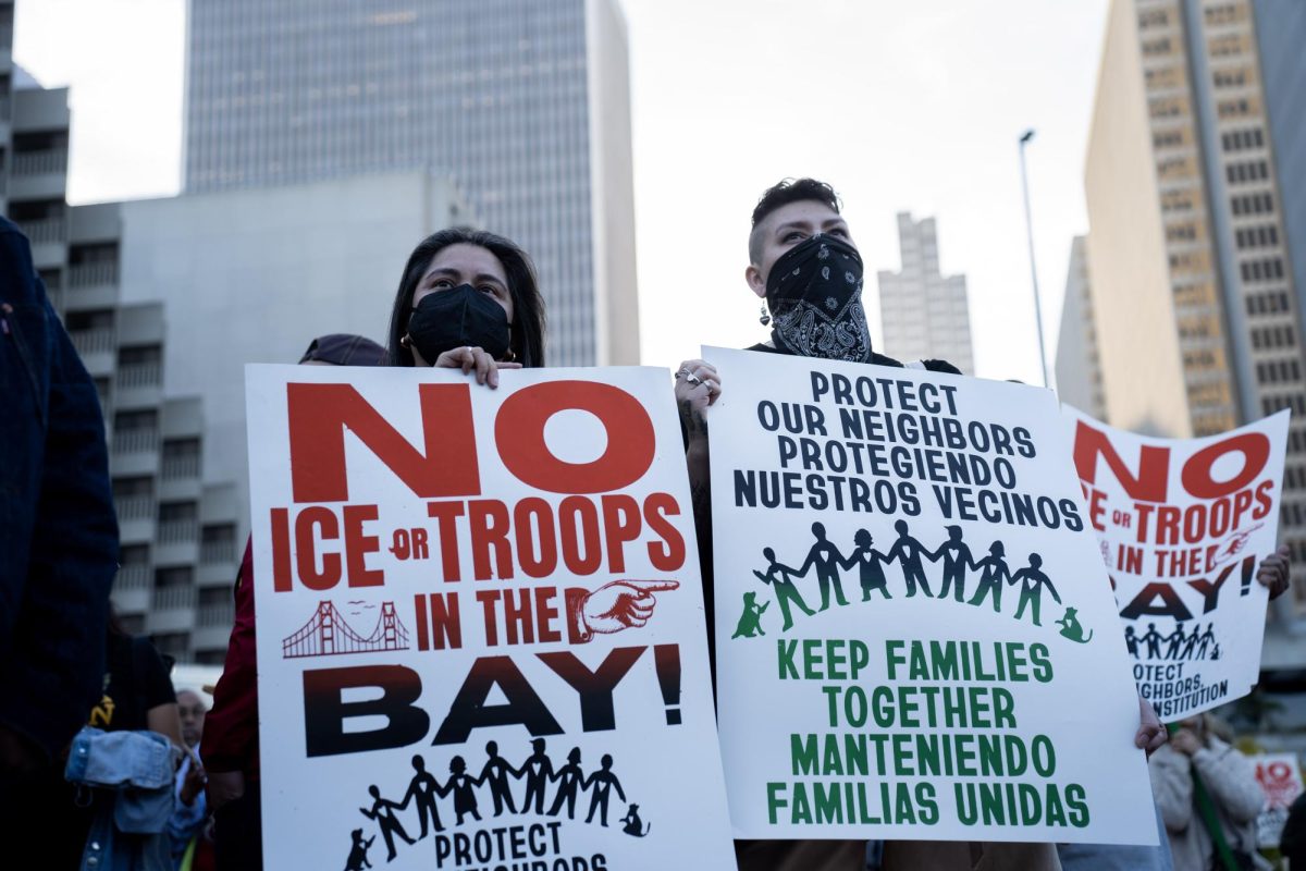 Demonstrators gathered at the Embarcadero Plaza after Donald Trump threatened to send federal troops to San Francisco on Thursday, Oct. 23 in San Francisco, Calif. 
