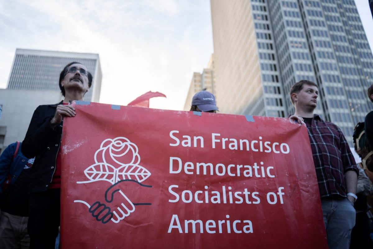 The San Francisco Democrat Socialists of America protest Donald Trump’s threat of deploying federal troops to their city on Thursday, Oct. 23 in San Francisco, Calif. 
