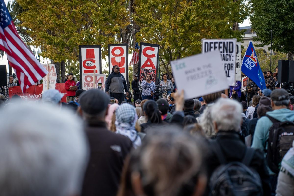 Representatives from the San Francisco, Richmond and Alameda labor council rally protestors against President Donald Trump’s threat to send federal troops to San Francisco on Thursday, Oct. 23 in San Francisco, Calif. 
