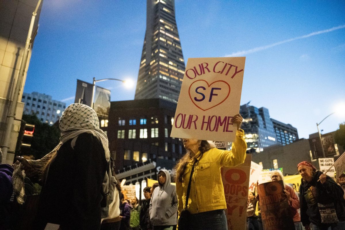 Protestors in San Francisco show their aversion to the possibility of U.S. President Donald Trump sending federal troops to San Francisco on Thursday, Oct. 23 in San Francisco, Calif. 
