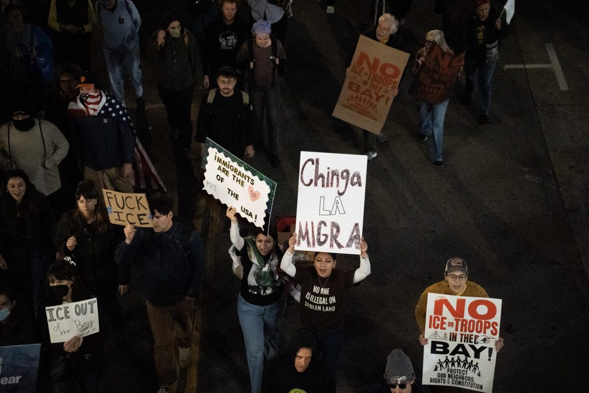 Demonstrators share their feelings about ICE at a protest on Thursday, Oct. 23 in San Francisco, Calif. 
