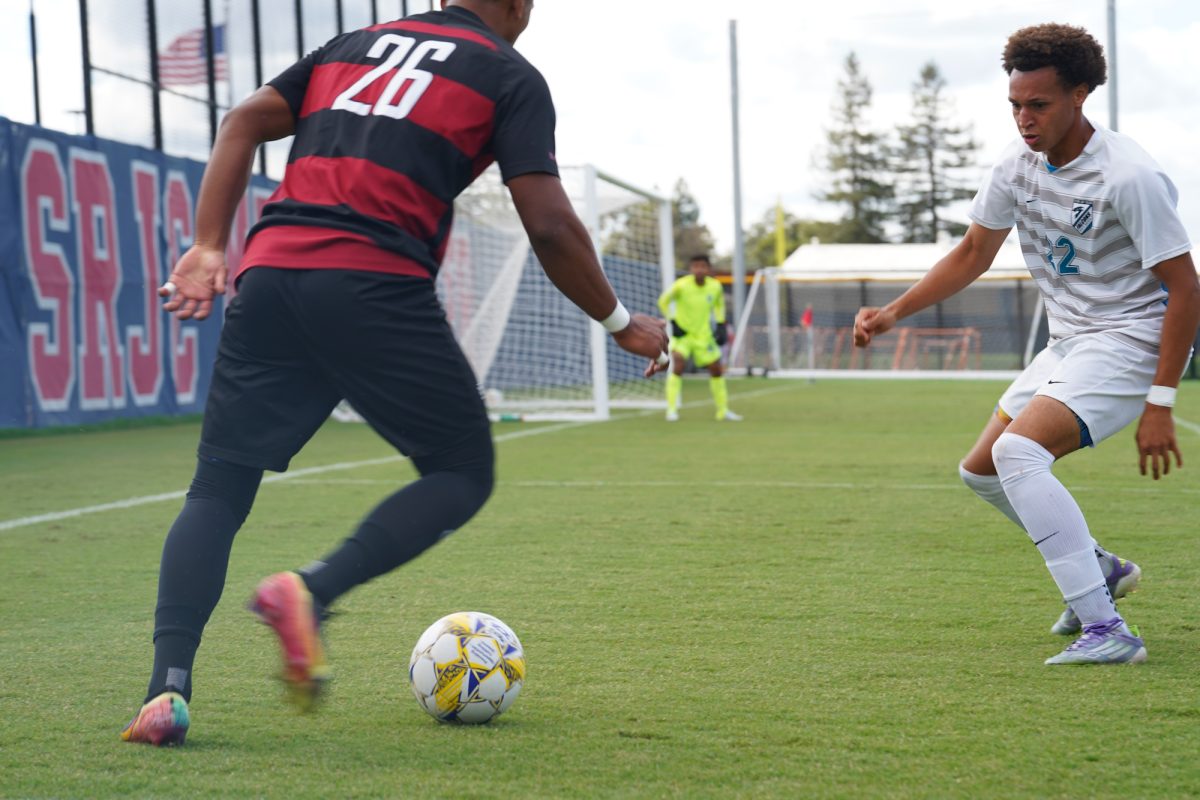 SRJC midfielder Kleber Maldonado pushes the corner against Folsom Lake College at home Friday, Oct. 10, 2025.