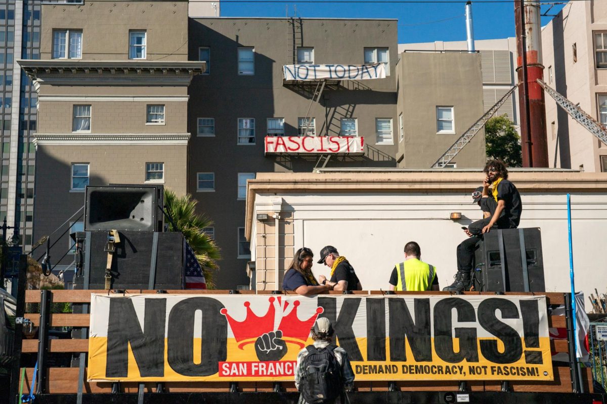 The rental truck that led the No Kings protest in San Francisco sits outside of the Tenderloin People's Garden after arriving at the Civic Center Saturday, Oct. 19.