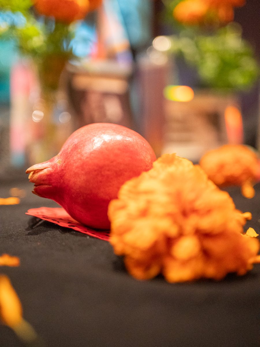 Pomegranates and other whole fruit from Farm to Pantry is donated to Positive Images for their ofrenda during the SRJC Dia de los Muertos celebration in Bertolini Hall on Oct. 21.