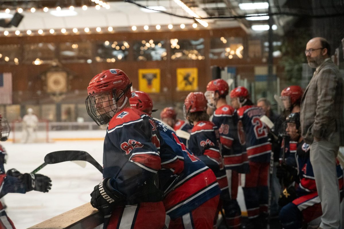 Santa Rosa Junior College Polar Bears and Head Coach T.J. Albrecht, right, gear up for a line change during their game against UC Santa Clara Friday, Oct. 24 at Snoopy's Home Ice.