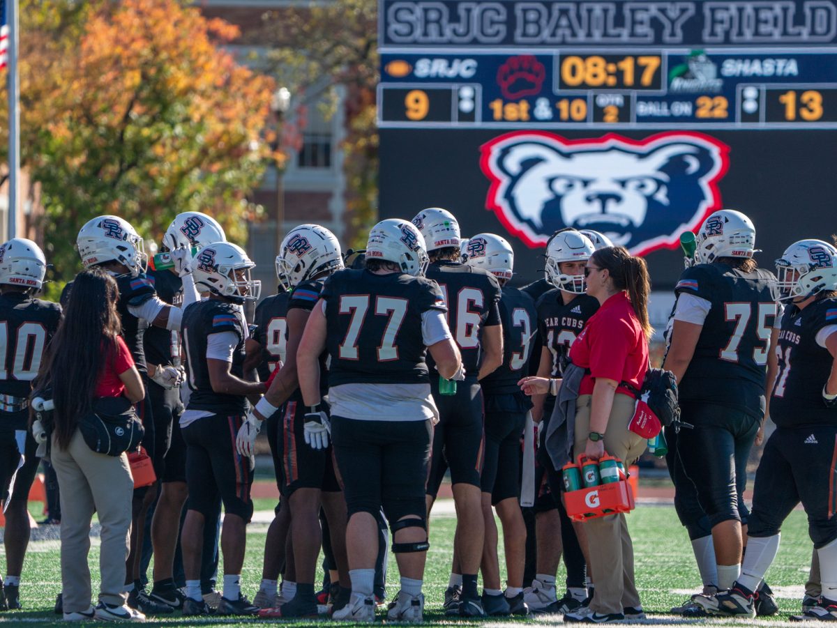 The SRJC football team takes a timeout in the second quarter with 8:17 left on the clock on Saturday, Nov. 8 at Bailey Field.