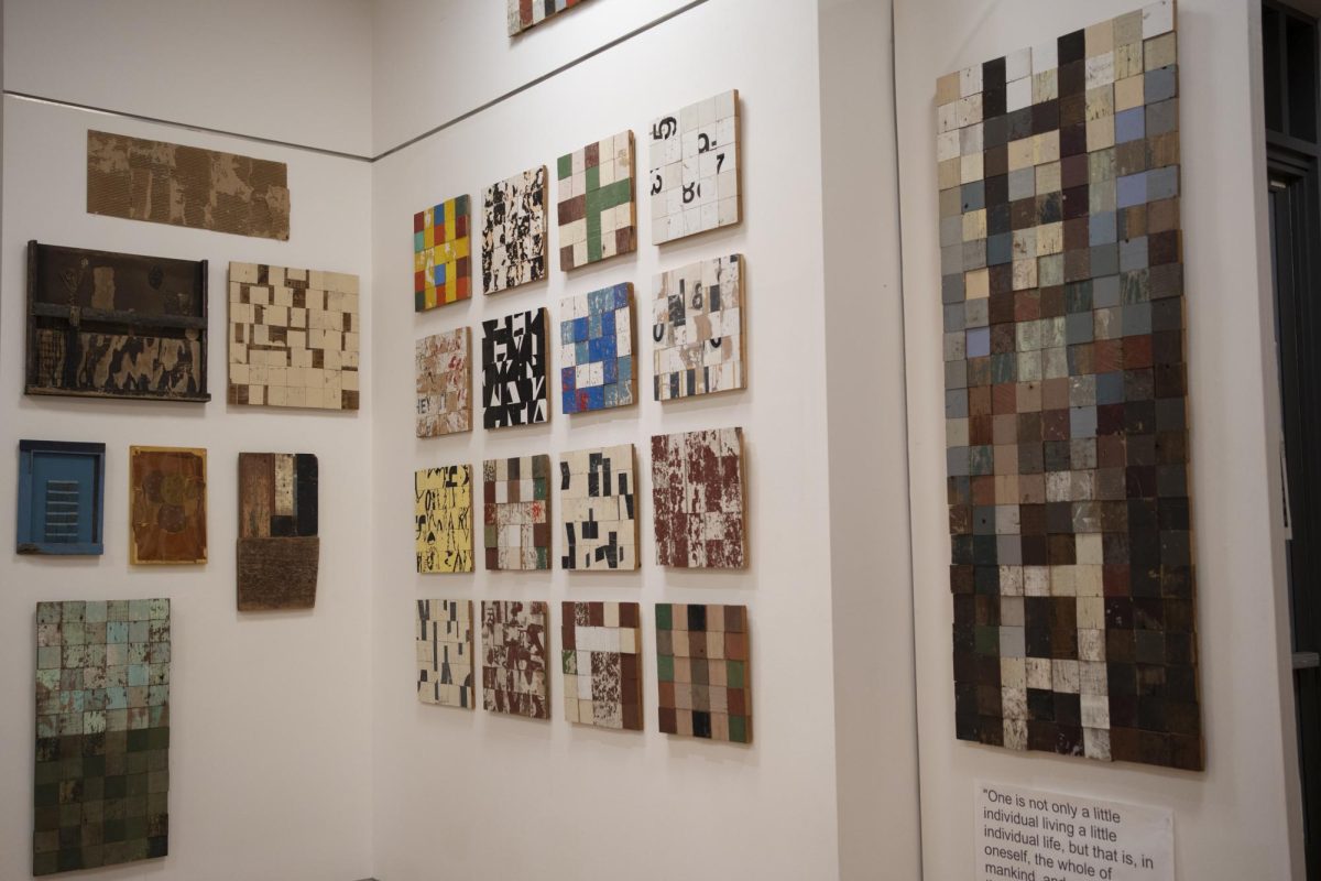 Various assemblage pieces fill a corner of Alan Azhderian's "Context/Content" exhibition on Dec. 4 in the Robert F. Agrella Gallery.