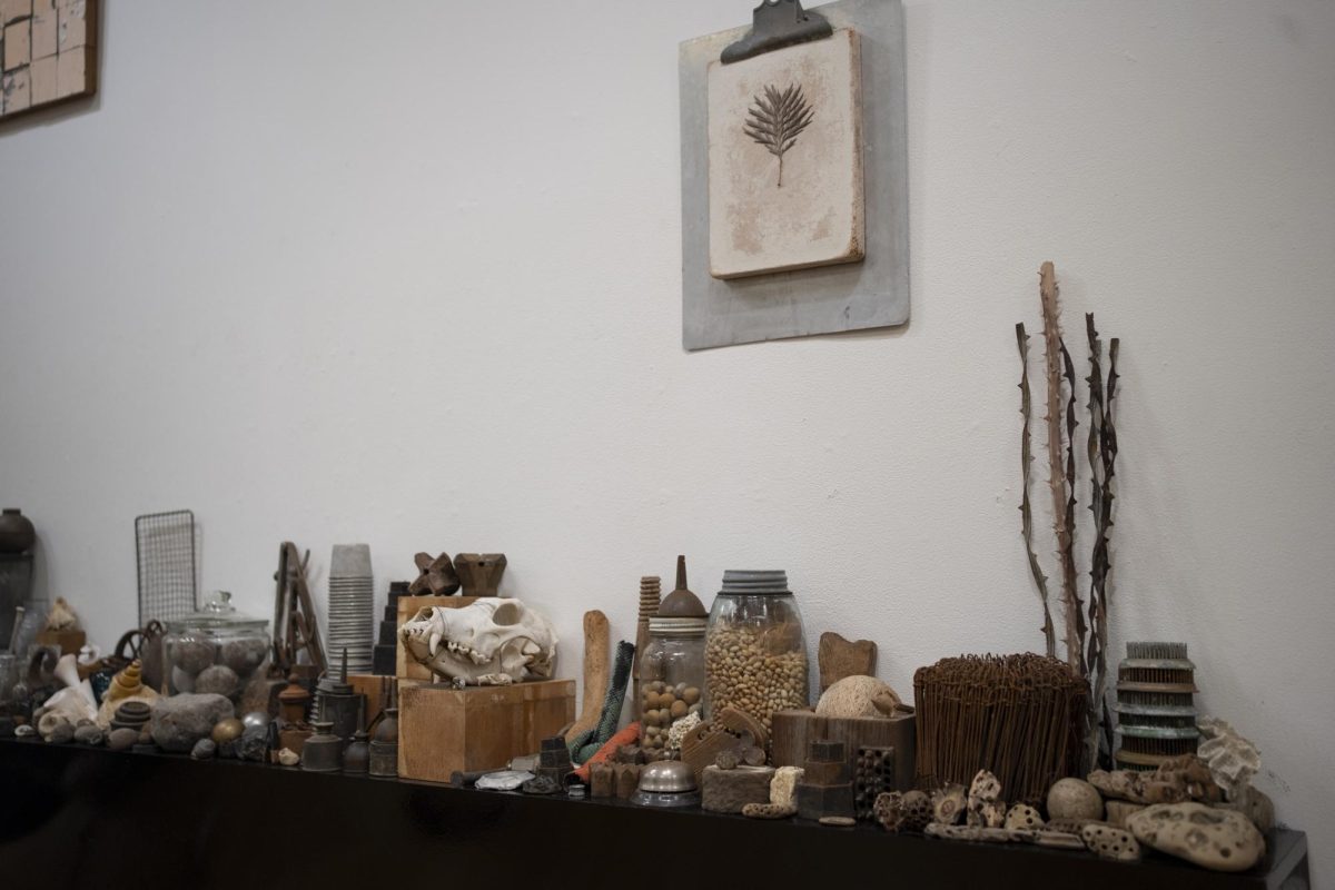 A shelf displays a mere fraction of Alan Azhderian's collection as a part of his "Context/Content" show on Dec. 4 in the Robert F. Agrella Gallery.