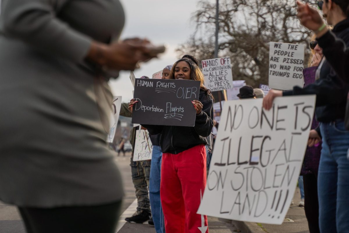 A protestor references the recent influx of U.S. Immigration and Customs Enforcement raids at the Free America Walkout on Mendocino Avenue in front of Santa Rosa Junior College Jan. 20, 2026. 