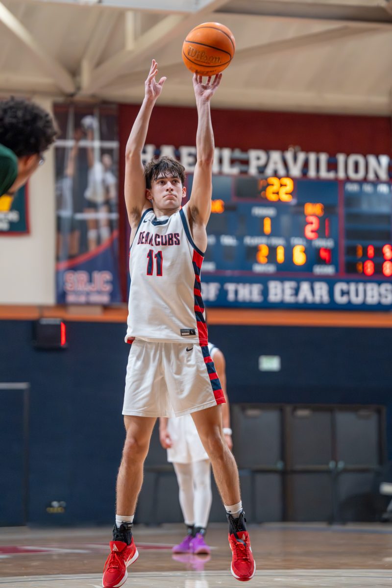 Sophomore guard Spencer Langowski goes up for the free throw against Diablo Valley College on Friday, Jan. 30 at home.