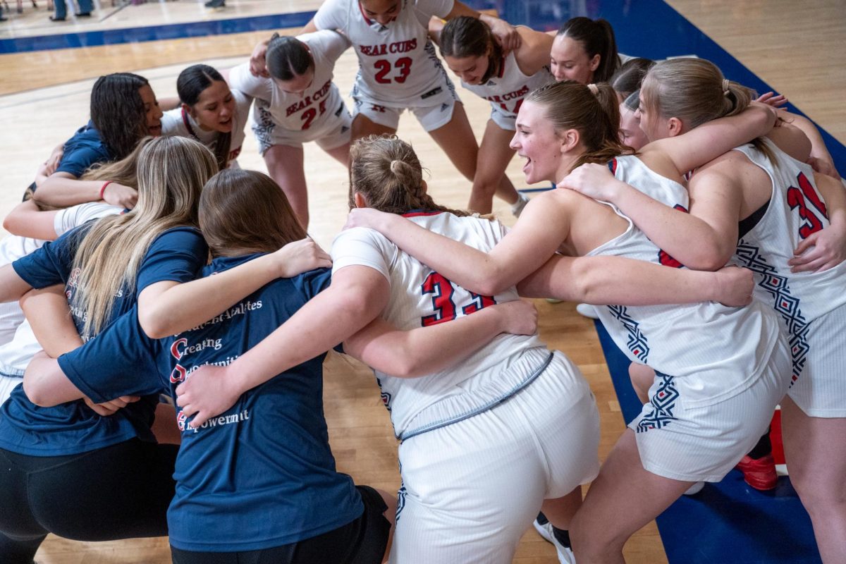 The Santa Rosa Junior College women's basketball team huddles up and chants before their match against Modesto at Haehl Pavilion, Friday, Feb. 17, 2026.