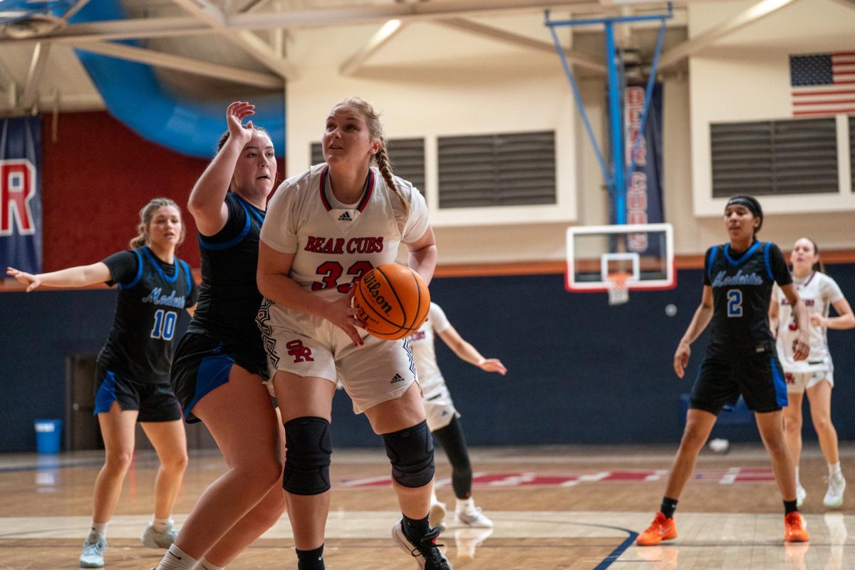 Bear Cubs forward Amanda Hart breaches through a defender for a layup against Modesto at Haehl Pavilion, Friday, Feb. 17, 2026.