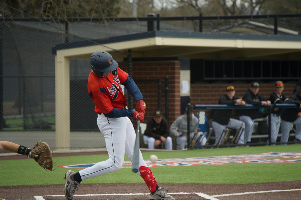 Bear Cubs outfielder Will Tokar barrels up a ball in his one pinch-hit at bat against College of Marin on Saturday, Feb. 14 at home. (Oliver Kindt / For The Oak Leaf)