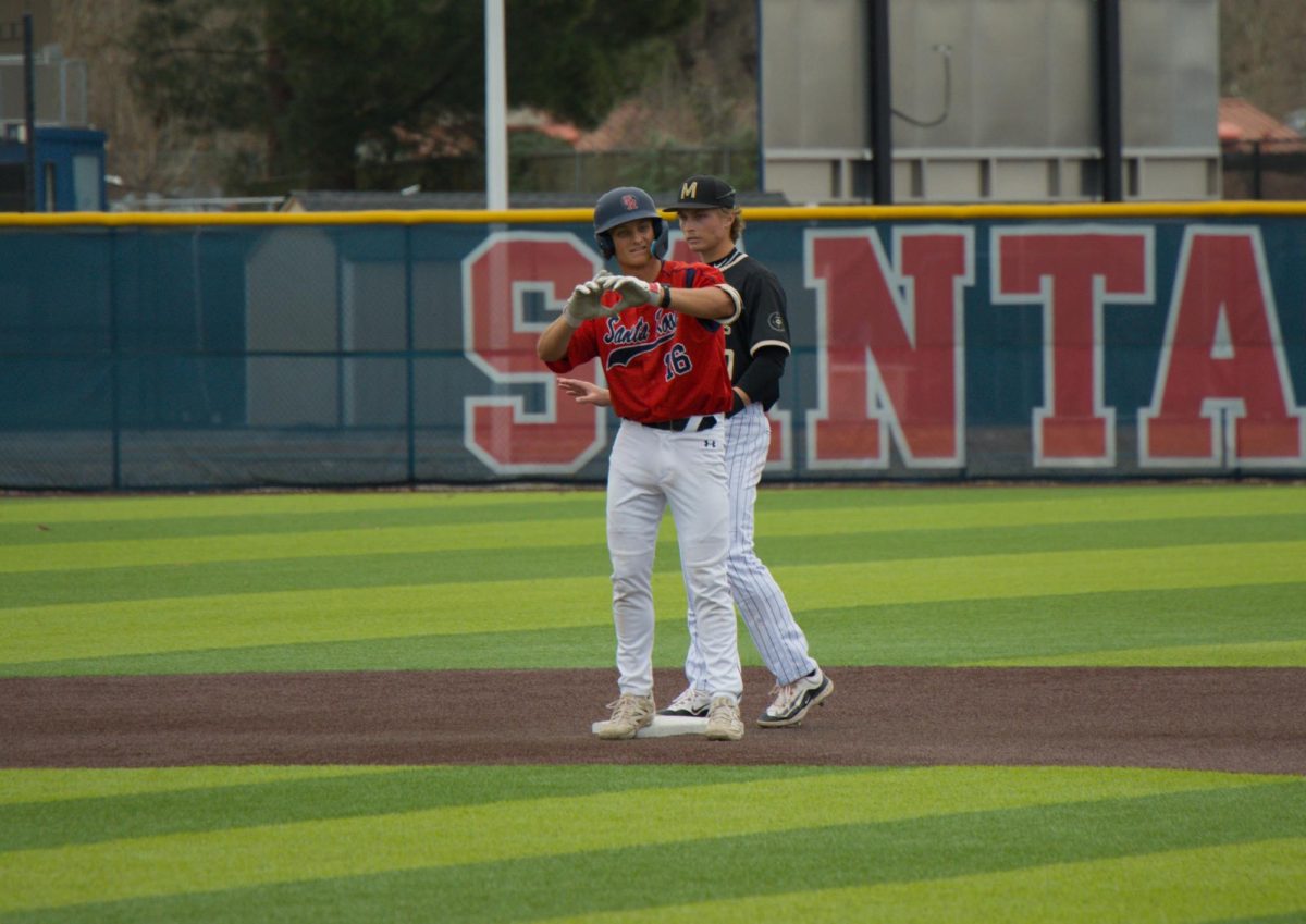 Bear Cubs second baseman Trevor Schlafer celebrates after a two-run double in the bottom of the fifth inning against College of Marin on Saturday, Feb. 14 at home. (Oliver Kindt / For The Oak Leaf)