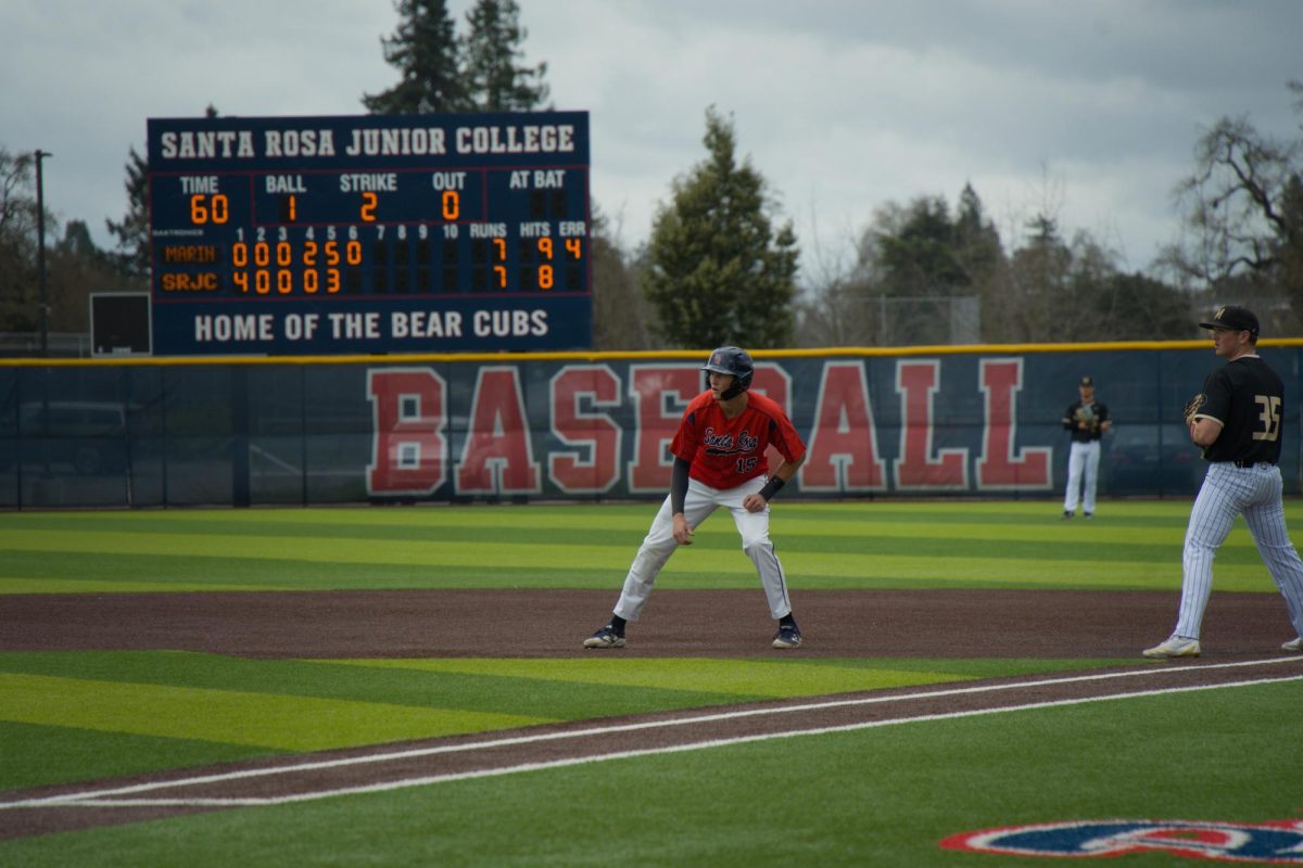 Bear Cubs shortstop takes his lead after being hit by a pitch against College of Marin on Saturday, Feb. 14 at home. (Oliver Kindt / For The Oak Leaf)