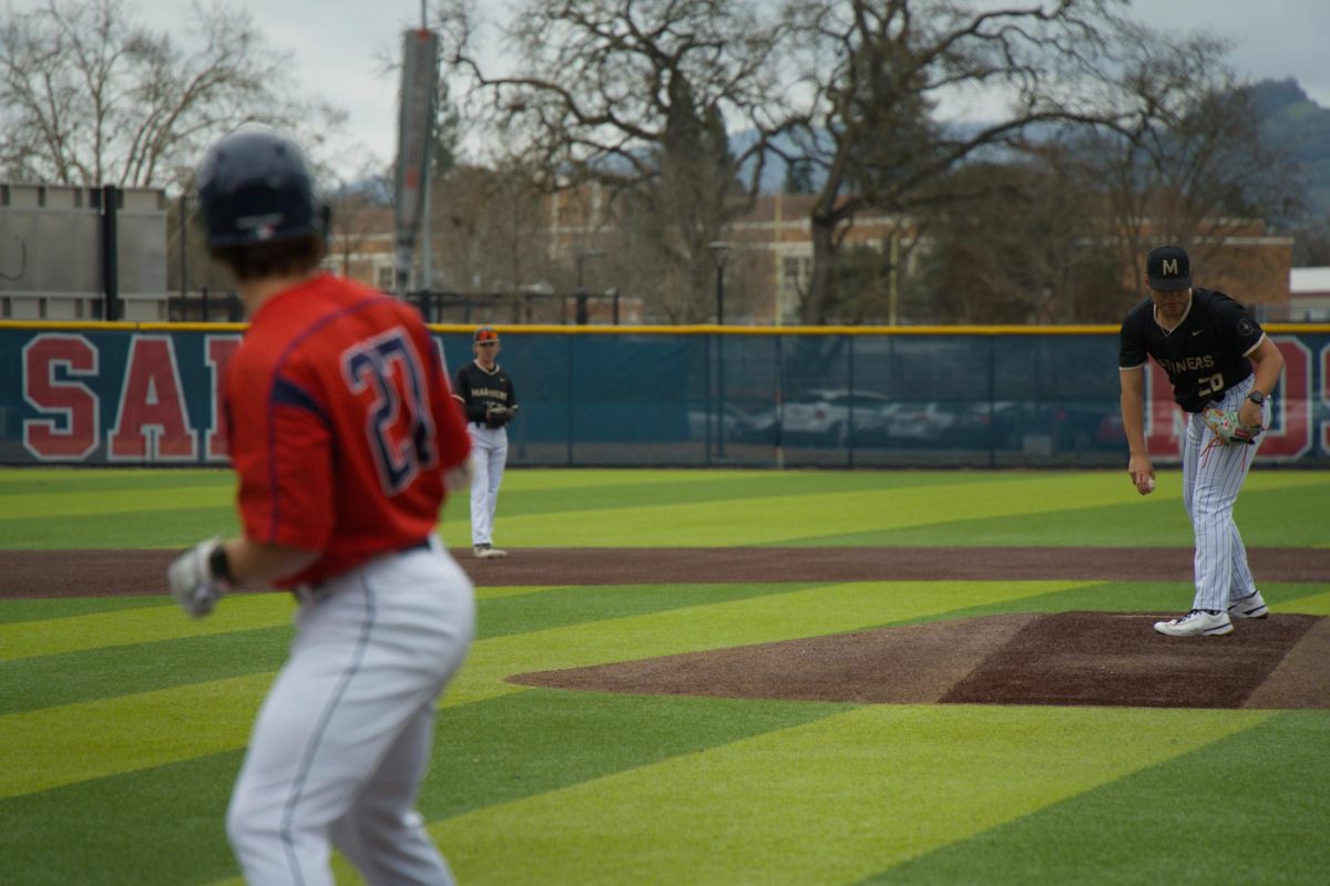 Bear Cubs right fielder Miles Clayton steps in against College of Marin on Saturday, Feb. 14 at home. (Oliver Kindt / For The Oak Leaf)