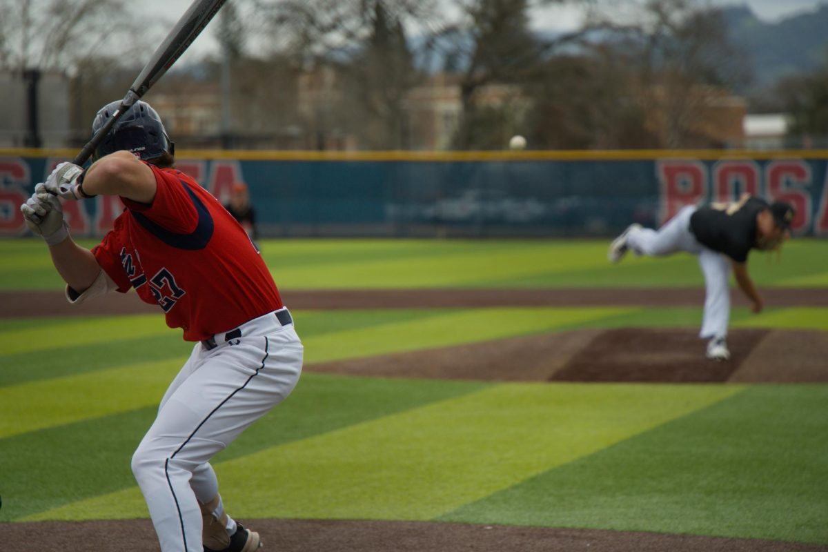 Bear Cubs right fielder Miles Clayton gets ready to swing against College of Marin on Saturday, Feb. 14 at home. (Oliver Kindt / For The Oak Leaf)