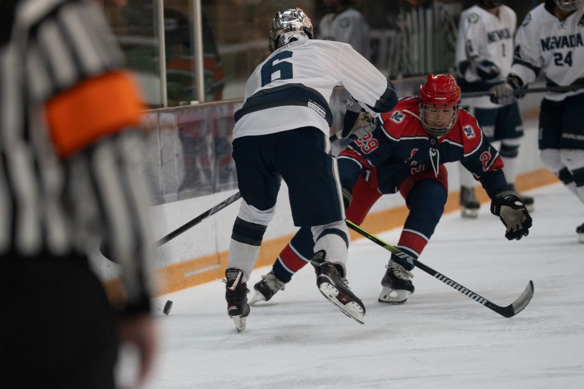 Polar Bear defenseman and winger Will Cornelius attempts to slip the puck past Wolfpack defenseman Danny Kissane Friday, Feb. 6 at Snoopy's Home Ice.